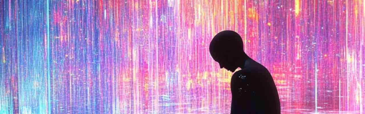 A solitary figure surrounded by cascading neon lights, reflecting introspection in The Challenging Friend.