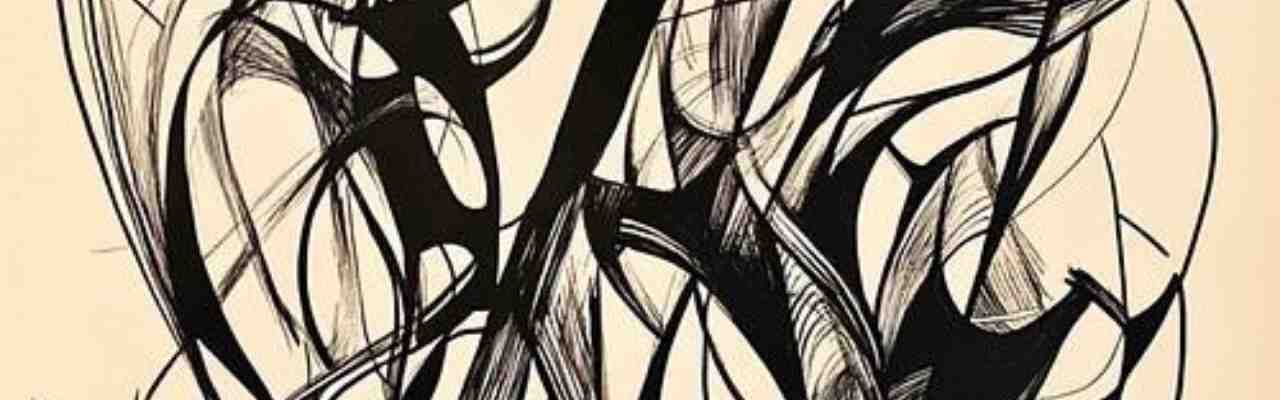 Bold and intricate abstract art depicting the complexity of Women's Relationship To Power with fluid black strokes.