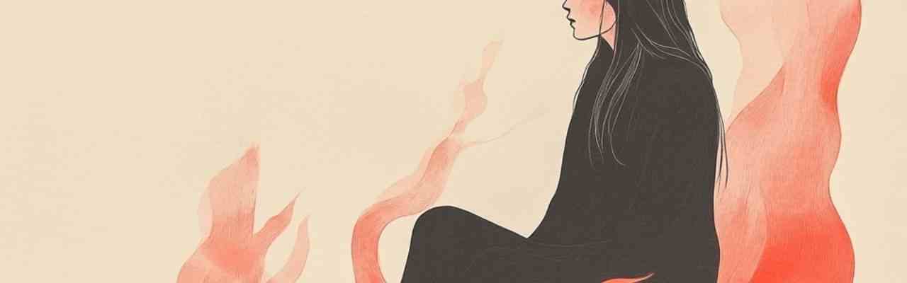A symbolic illustration of a woman in a black dress with fire around her, depicting Women's Relationship To Power.