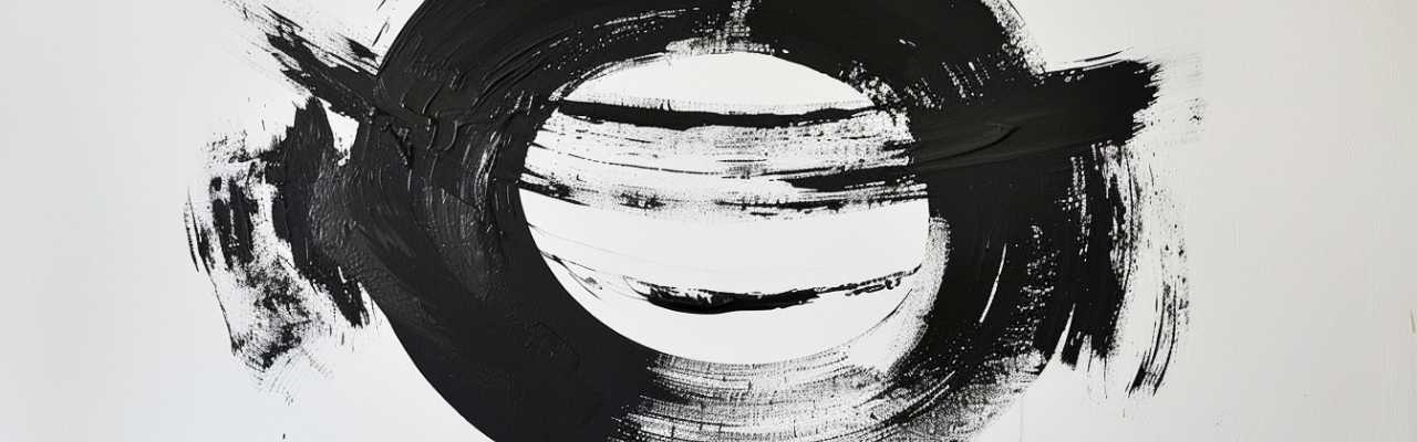 Bold abstract black brushstroke forming a circle, symbolizing identity, strength, and the layered meaning of being a woman.