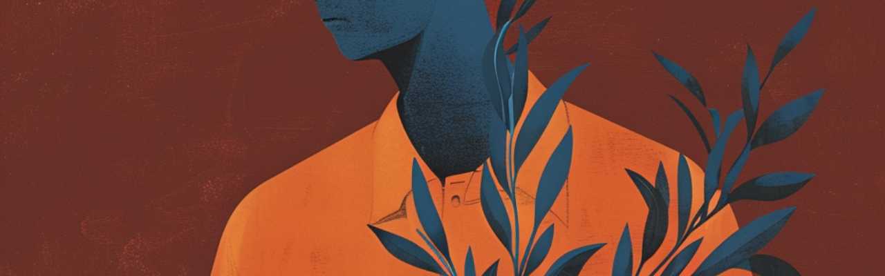Minimalist art showing man in orange shirt with eyes closed, holding plant as symbol of closeness