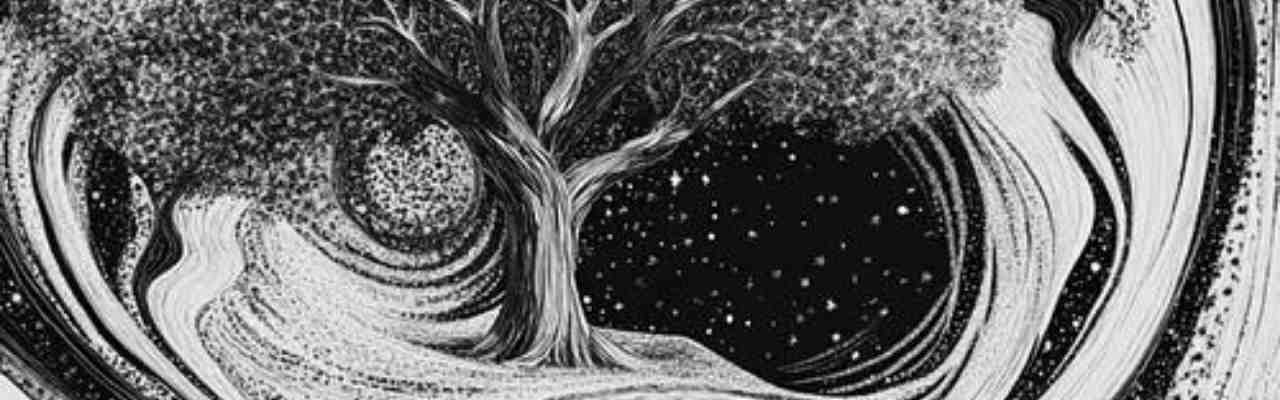 Abstract black and white artwork of a tree surrounded by celestial waves, capturing The Enemy Friend.