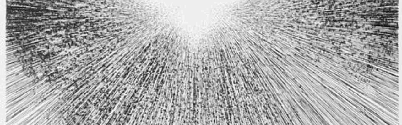 Black and white artwork depicting an intense burst of light with radiating lines