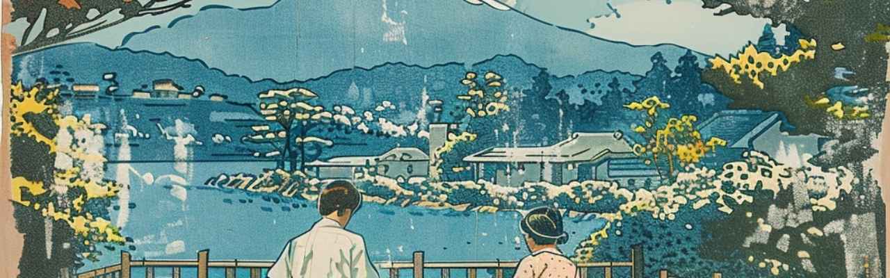Vintage-style scene of two people overlooking peaceful village, pondering what are things to be grateful for
