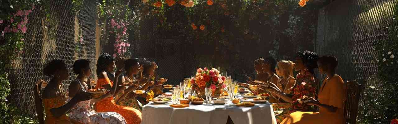 A beautifully decorated outdoor feast with women in floral dresses, symbolizing companionship in The Opportunist Friend.