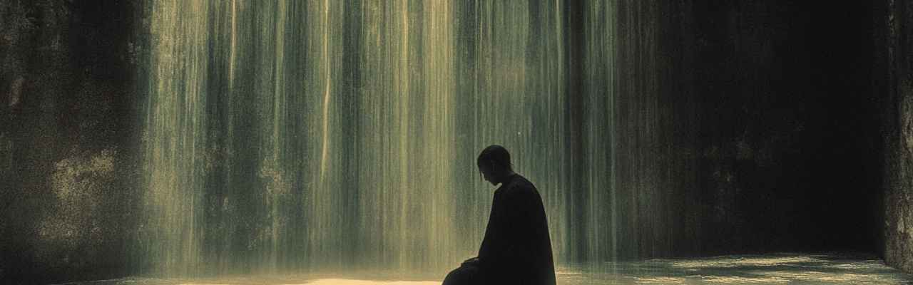 Solitary figure in deep thought beneath cascading water, portraying emotional depth of a high value man