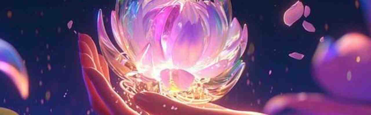 A radiant crystal lotus glowing in an open hand, symbolizing purity and trust in a True Friend.