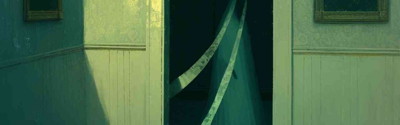 A green-tinted eerie room with a spectral presence, symbolizing unseen forces in The Hexing Friend.