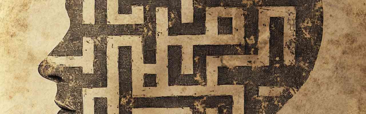 A textured, vintage-style head illustration showcasing Sexual Energies through a symbolic mind maze.