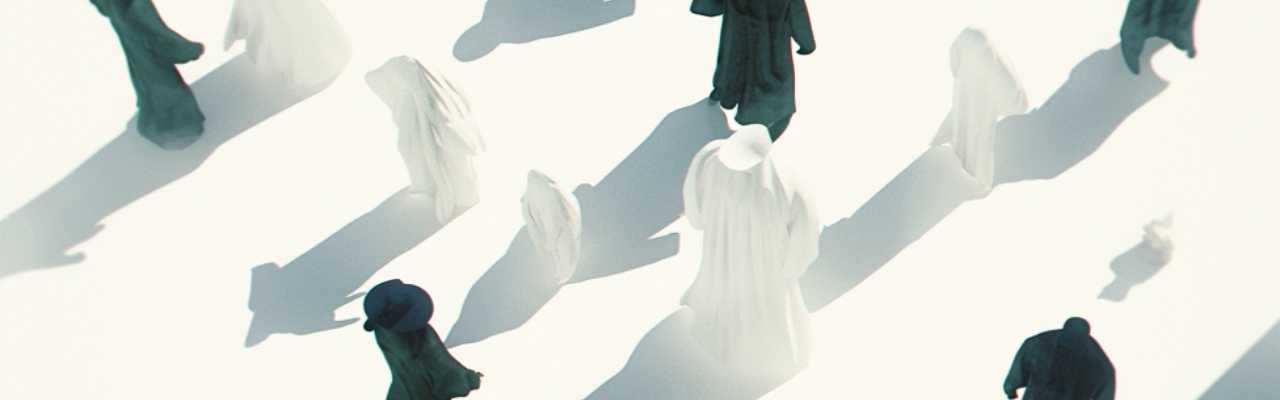 Abstract painting of faceless figures in white symbolizing identity search and how to find yourself