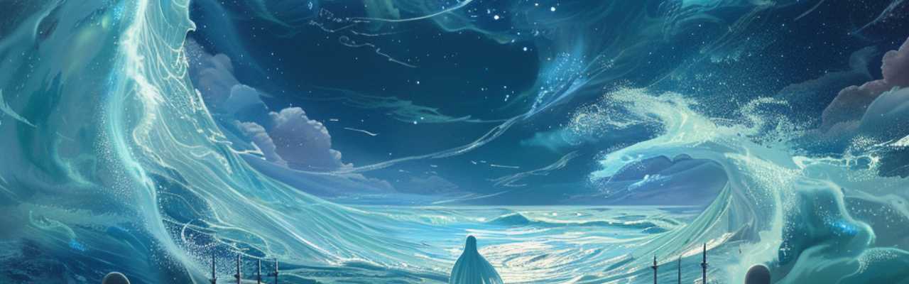 Dreamlike art of a lone figure at sea capturing the journey of embracing divine feminine energy and inner power