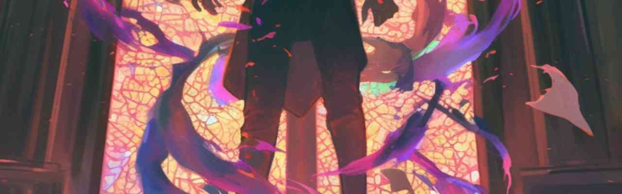 A dark figure standing before a glowing stained-glass window, surrounded by mystical energy, symbolizing a True Friend.