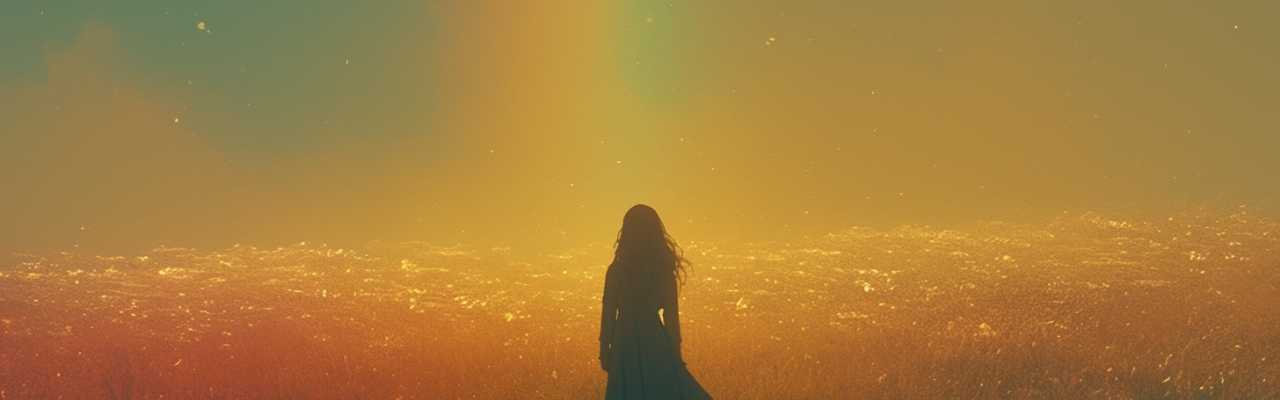 Peaceful sunset scene with a lone woman in a field, representing calm confidence and emotional independence