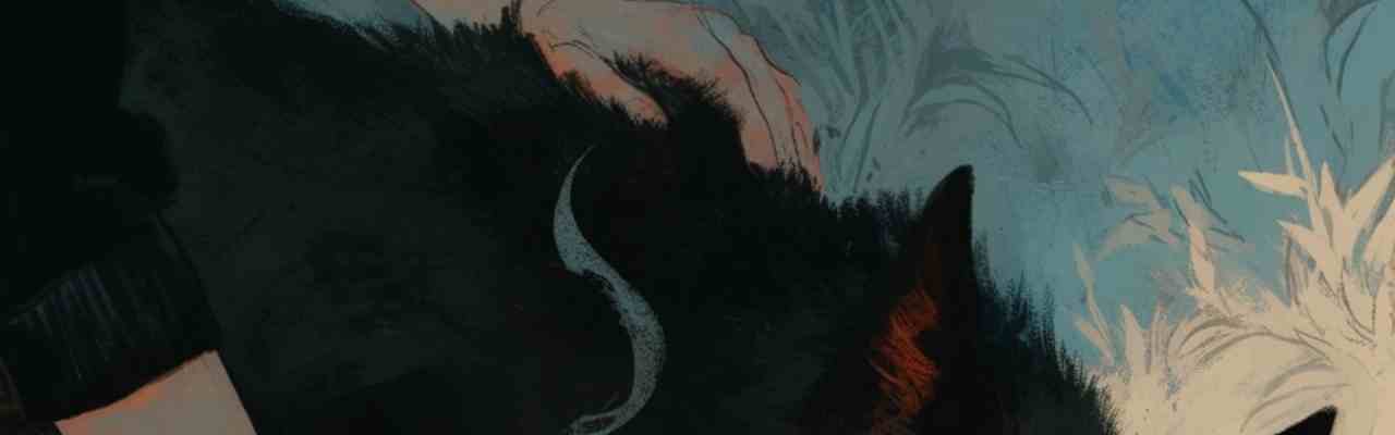 Artistic painting of a hand gently placed on a black animal, symbolizing trust and the deep emotional bond with animals.