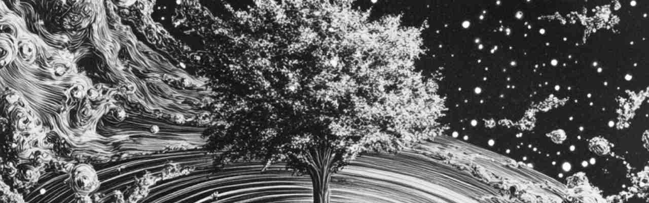 Abstract monochrome artwork featuring a lone tree amid cosmic waves, illustrating the interconnectedness of climax consciousness