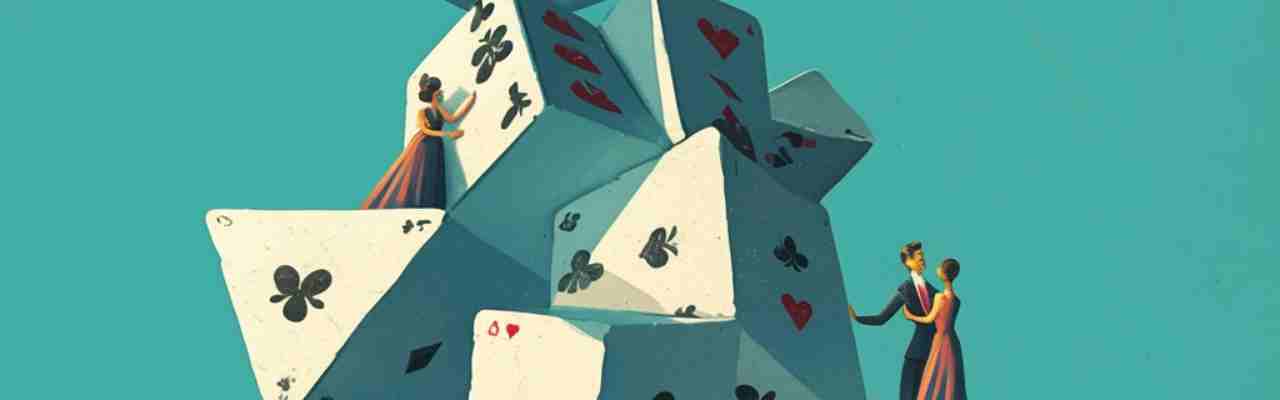 Elegant figures climbing a towering house of cards, symbolizing instability in tumescence anxiety symptoms