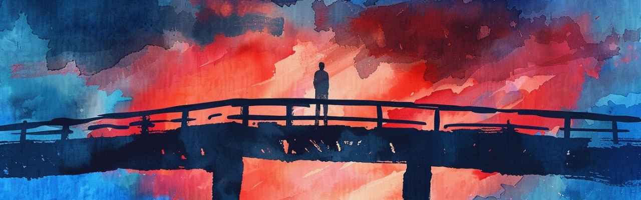 Lone figure standing on a bridge under a dramatic sky representing toxic masculinity vs toxic femininity