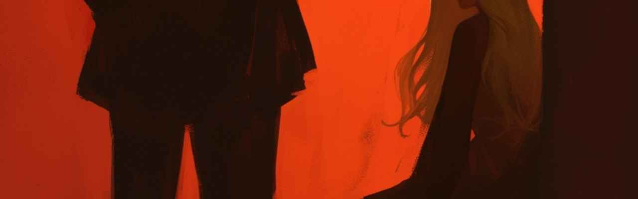 Emotional standoff between masculine and feminine figures in dark hues and fiery background