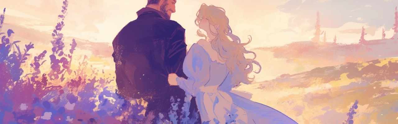 Man and woman sharing a quiet moment surrounded by flowers and golden light