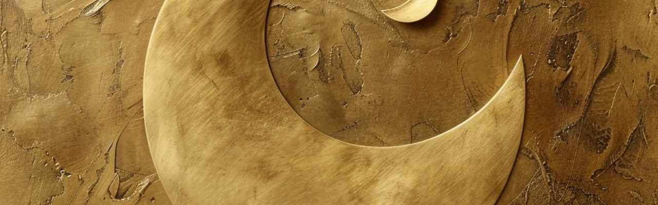 Golden crescent moon art on textured background symbolizing feminine energy