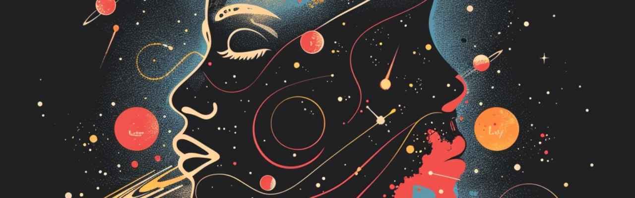 Cosmic female silhouette infused with planets and stars symbolizing sacred sexuality