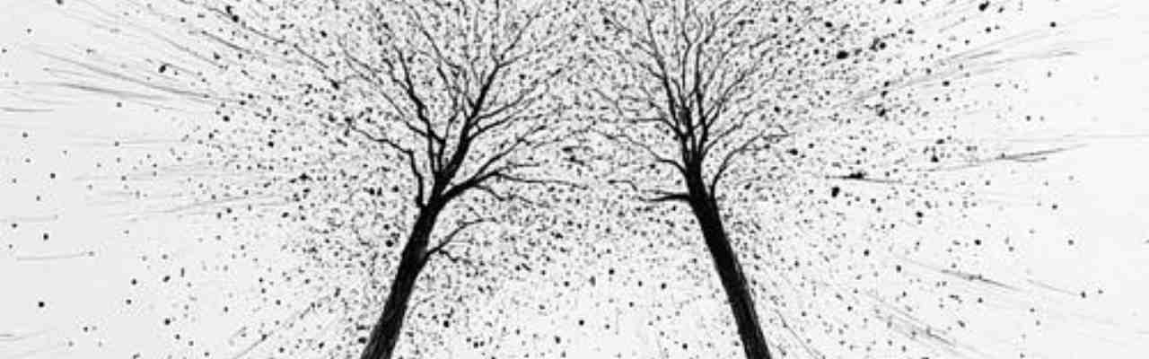 Two abstract trees with intertwined branches and splattered ink, symbolizing sex expectations in relationships and emotional growth.