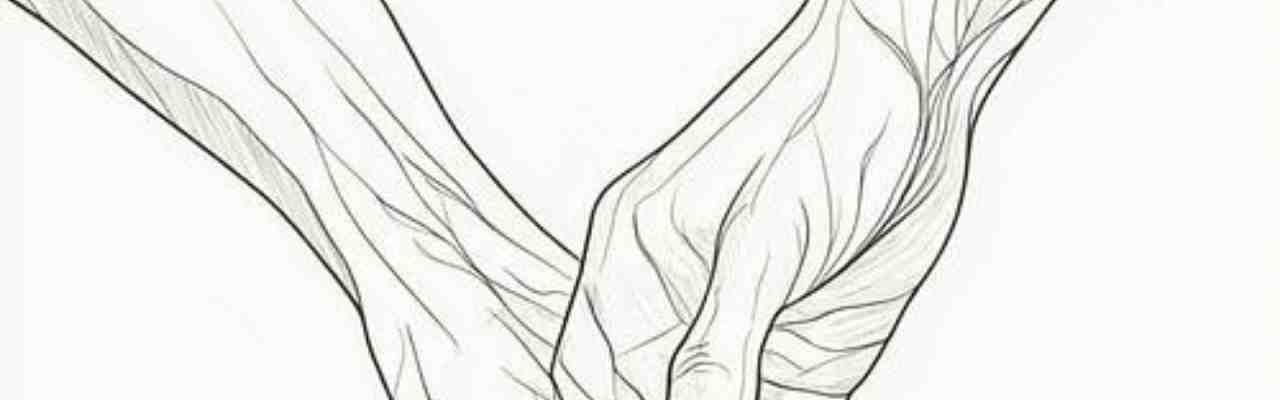 Two hands intertwined, symbolizing intimacy without conditions in a minimalist line drawing. Emotional connection and vulnerability.
