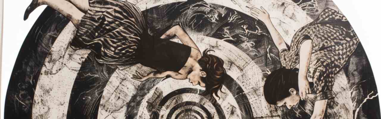 Digital painting of women spiraling downward, representing surrender and control in Accommodation Vs. Surrender.