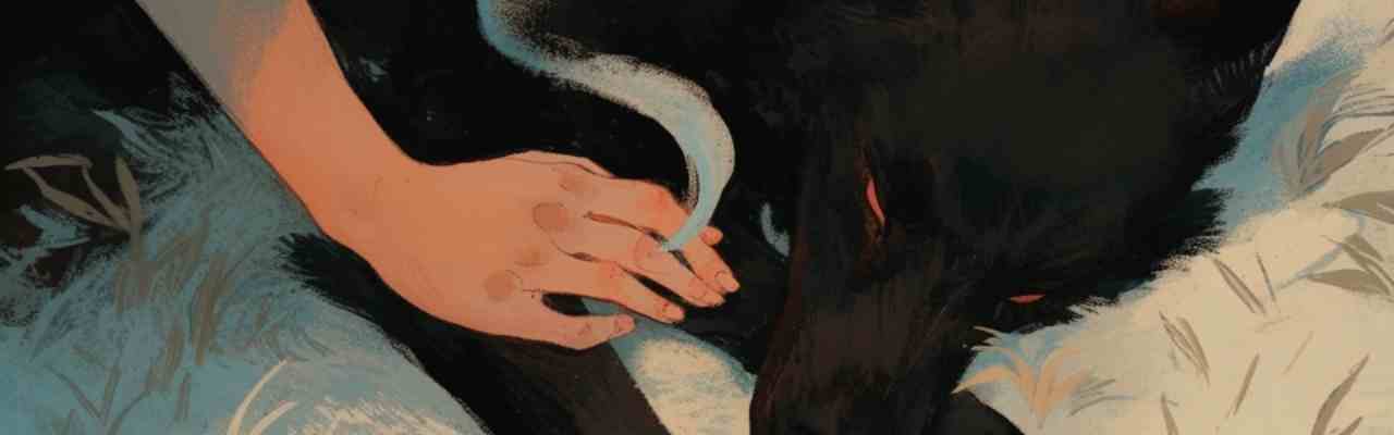 A pale hand resting gently on a dark wolf, symbolizing liberating sex through primal connection and trust.