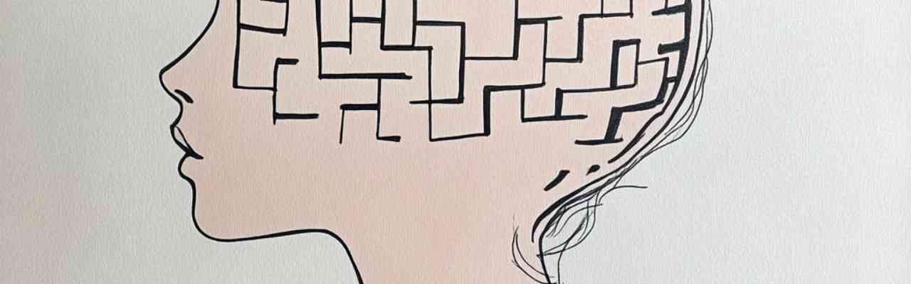 Abstract line drawing of a woman's profile with a puzzle-like brain, representing liberating sex as a psychological and emotional journey.