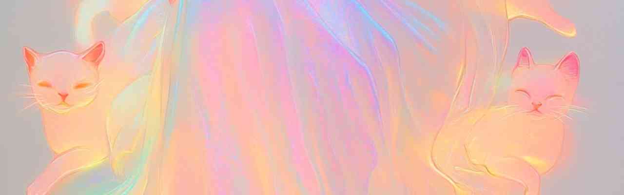 Two glowing feline figures curled up on a luminous, flowing cloth, radiating a mystical, serene energy.