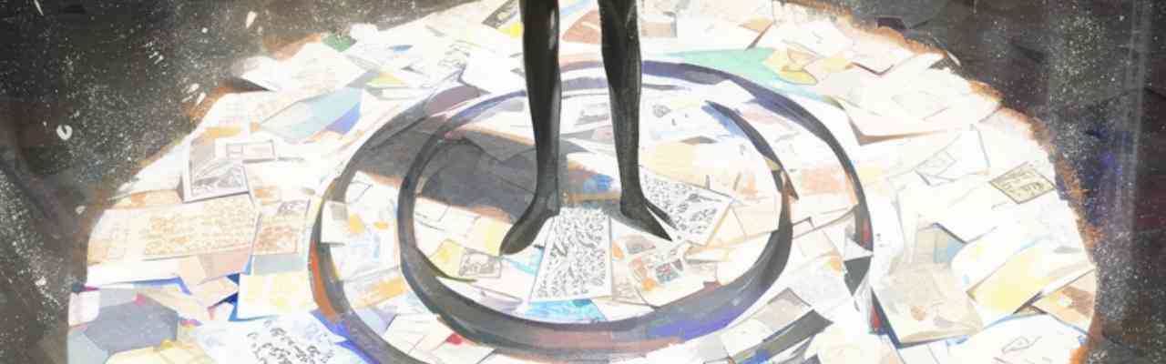 A person stands in a circular space surrounded by scattered papers, symbolizing self-reflection and the search for meaning.