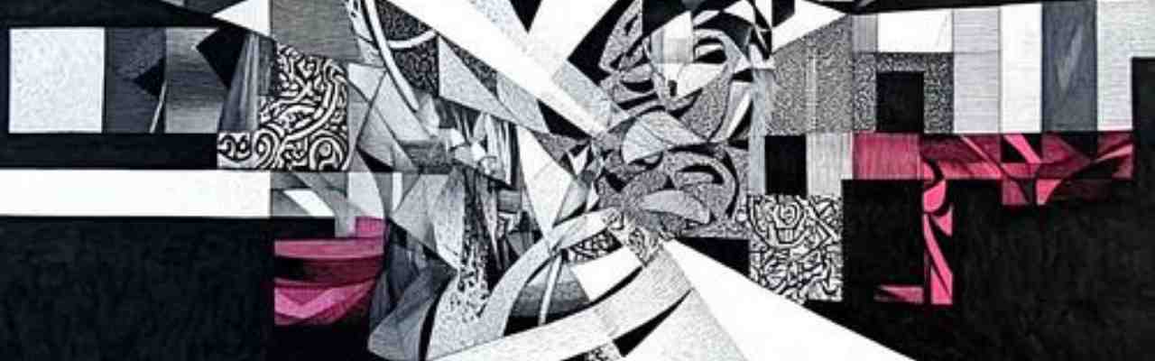 Abstract black-and-white geometric artwork symbolizing impersonal love, featuring fragmented faces and intricate patterns.