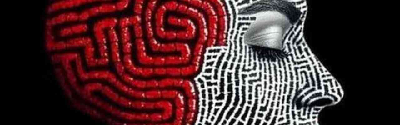 A human face merged with a red maze-like brain design, illustrating the contrast between Spiritual Vs. Dimensional.