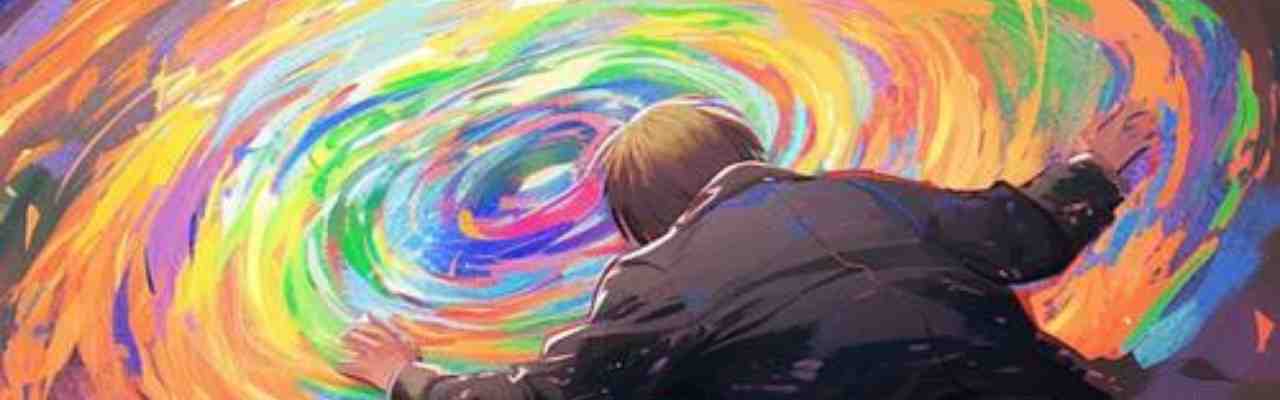 Man looking into a colorful spiral, representing self-reflection on relationship dynamics and personal growth.