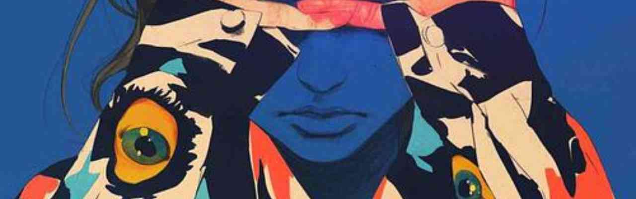 Abstract pop-art style digital painting of a woman blocking her vision, exploring themes of denial, perception, and emotional insight.