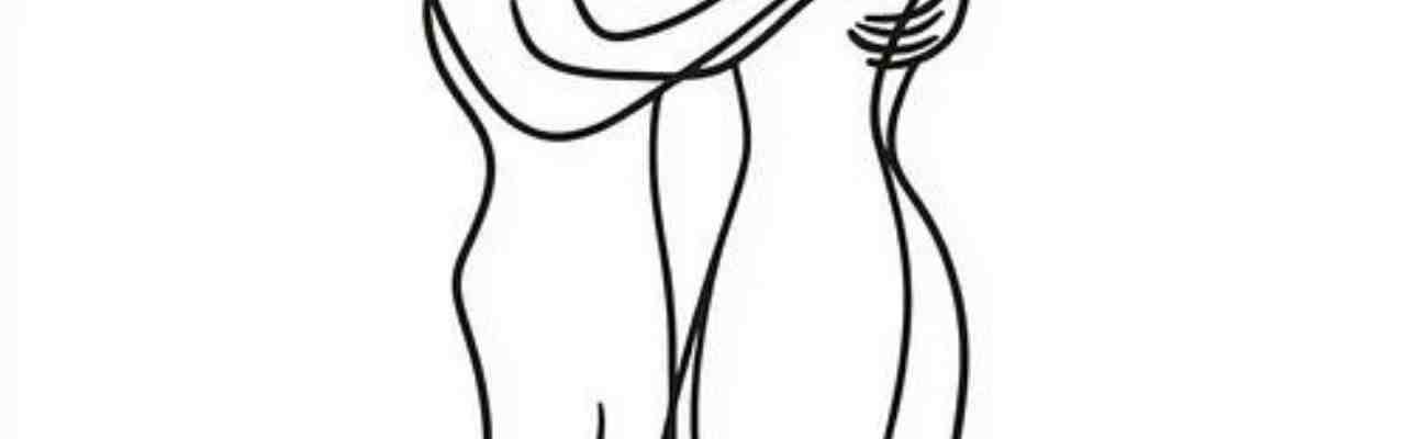 Abstract line drawing of a couple in a loving embrace, depicting deep emotional intimacy in relationships.