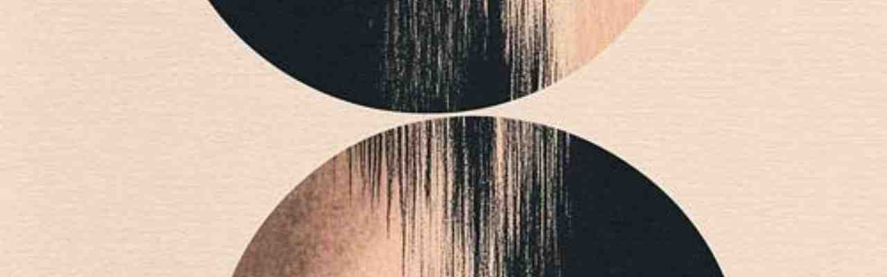 Abstract geometric art featuring two vertically aligned black circles with textured edges on a beige background.