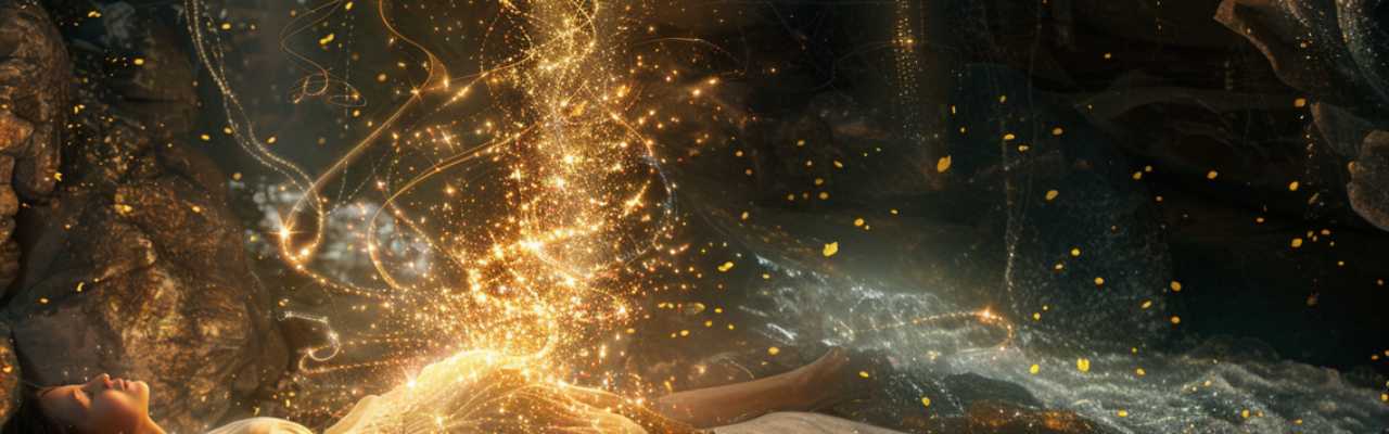 Dreamlike scene of a woman embraced by glowing light, representing intimacy and spiritual connection