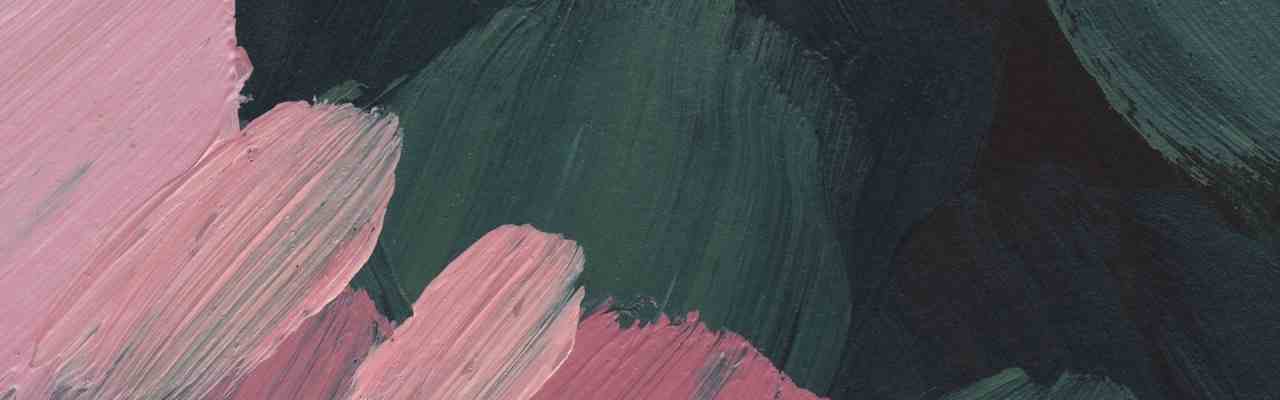 Dark green and pink abstract brushwork exploring themes of attention and mindfulness in listening meditation.