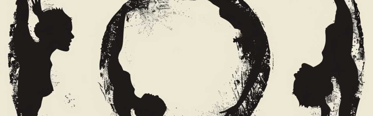 Abstract representation of feminine energy and sensual connection using ink silhouettes and a circular motif