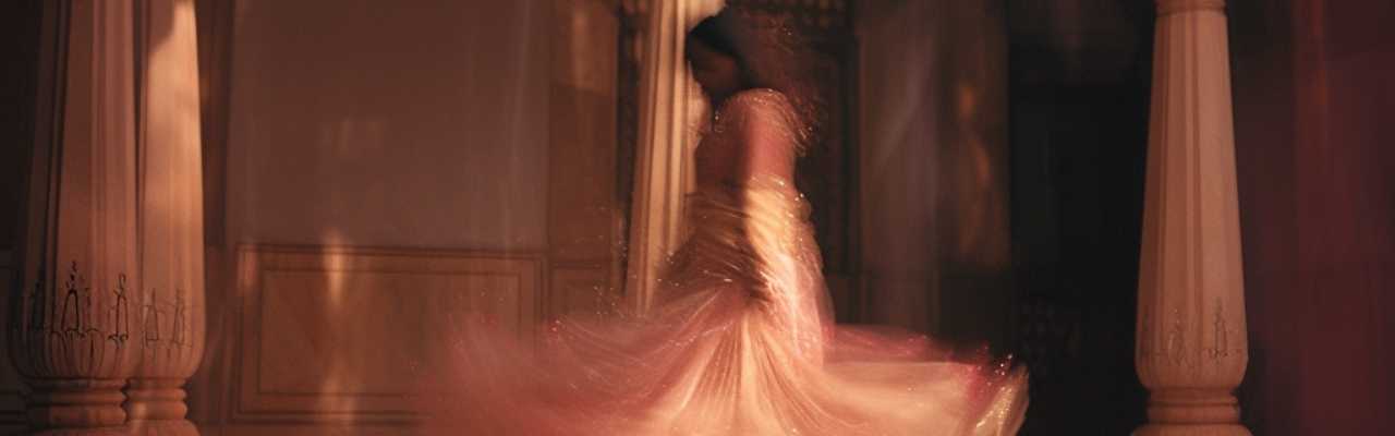 Elegant woman in motion blur within a palace setting portraying the essence of a high value woman traits