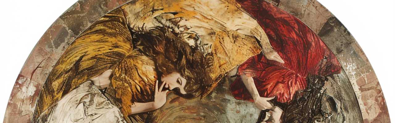 Symbolic circular artwork showing women in an intimate, respectful embrace, suggesting unity and mutual care