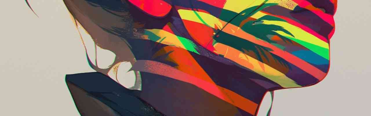Abstract portrait featuring colorful stripes reflecting inner transformation.