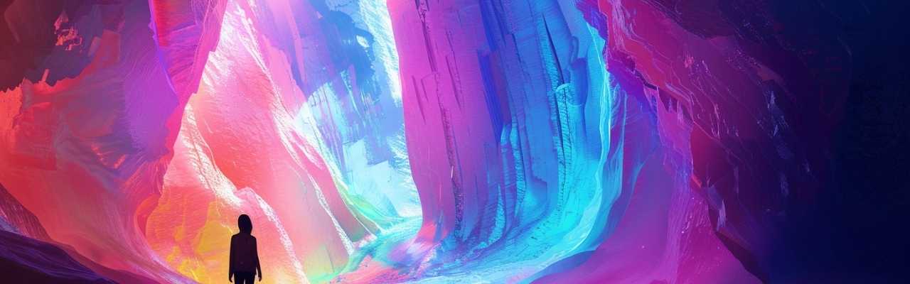 Person framed by vibrant glowing cliffs, reflecting the dual experience of pleasure across genders
