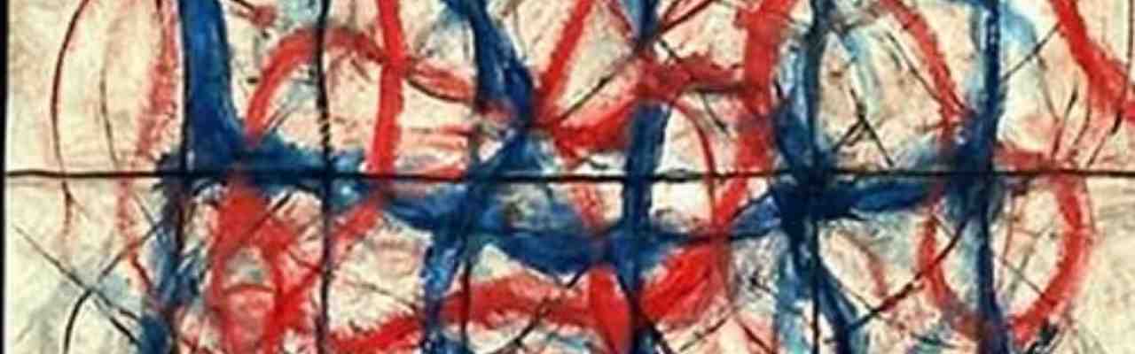 Abstract red and blue strokes intersect, symbolizing authentic relating through emotional and energetic connections.