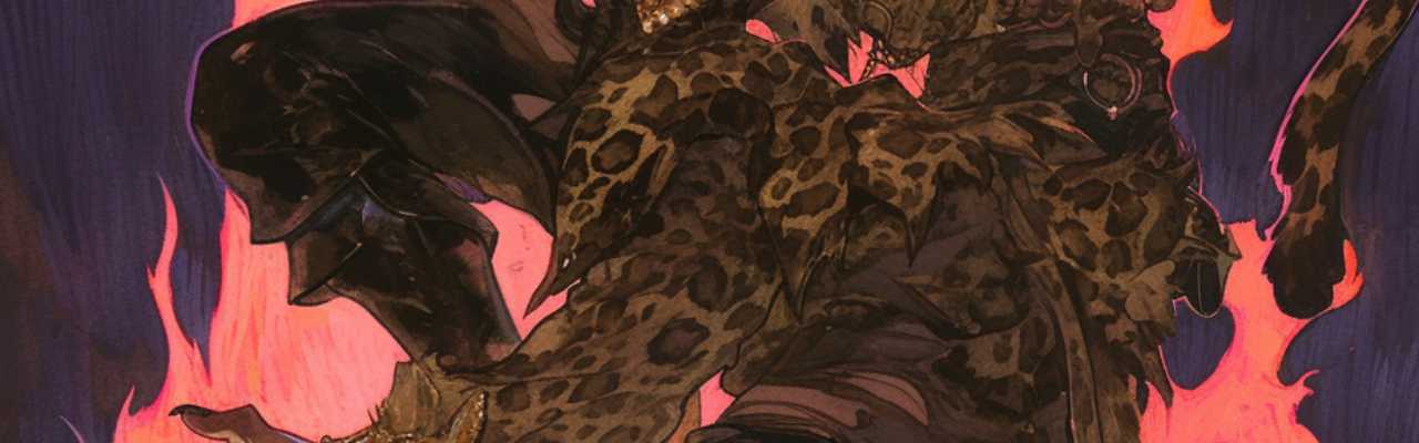 Fantasy warrior cloaked in leopard print and flames, symbolizing intense passion and power in love and attraction.