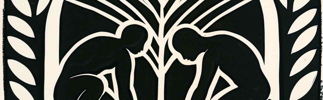 Bold black-and-white tribal-style artwork featuring two human figures facing each other under a symbolic tree of life.