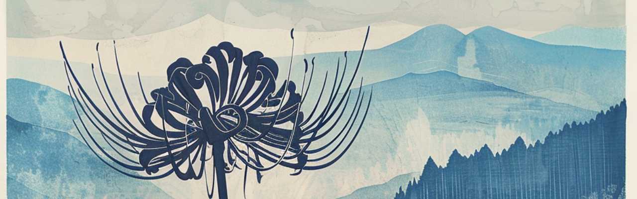 Abstract floral design against layered blue hills, reflecting emotional depth and the path to mutual romantic interest.