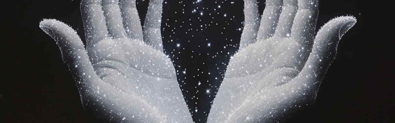 Sparkling hands with stars, representing the collective energy and development of a healthy 'we' in the universe.